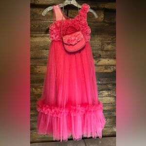 Stunning Hot Pink Rosette One-Shoulder Tulle Dress with Matching Purse